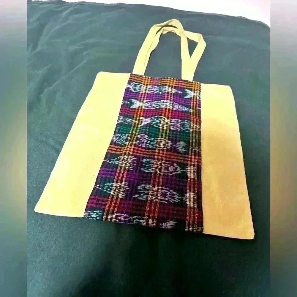 Lightweight yellow Handmade Tote bag Guatemalan fabric book bag or purse Travel